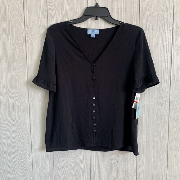 CeCe V-Neck Short Sleeve Black Top Size XS NWT - Picture 1 of 4